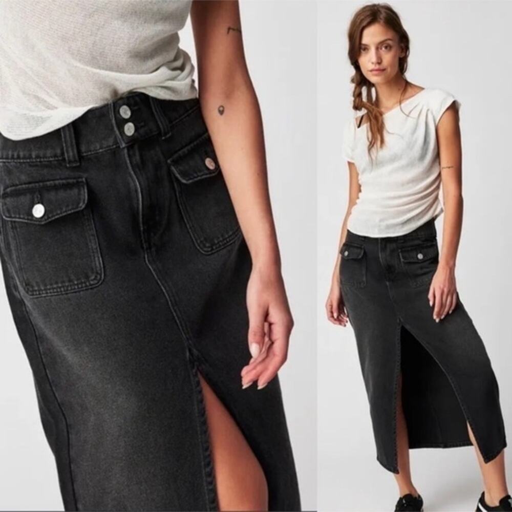 Free People We The Free Faded Black Wash Madison Utility Pocket Denim Midi Skirt - Picture 3 of 8